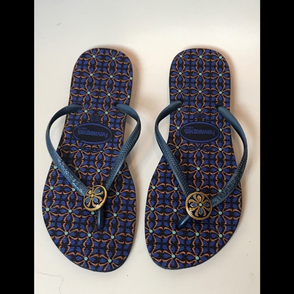 blue and gold flip flops